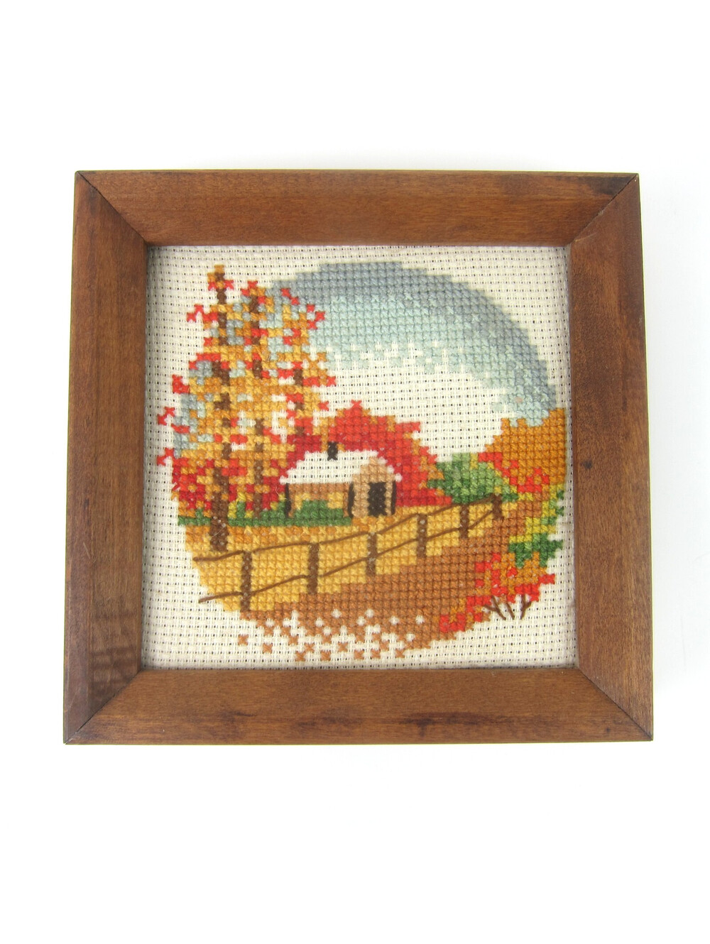 Vintage Cross Stitch Autumn Fall Landscape Rural Cabin Trees 6x6 Wood Frame